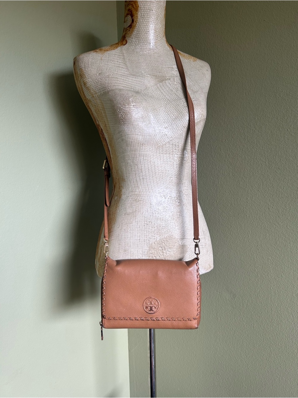 Tory Burch Cognac Tan Leather Crossbody with Whipstitch